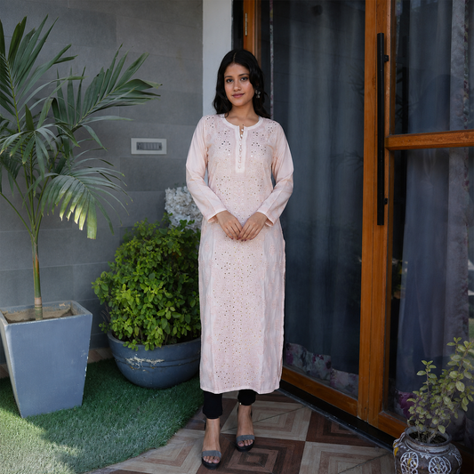 Peach Embroidered Straight Kurti with Delicate Detailing