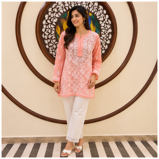 Women's Peach Chikankari Kurti | Premium Embroidered Straight Kurta | Rajvithi