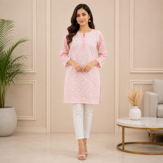 Women's Baby Pink Chikankari Kurti | Premium Embroidered Straight Kurta | Rajvithi