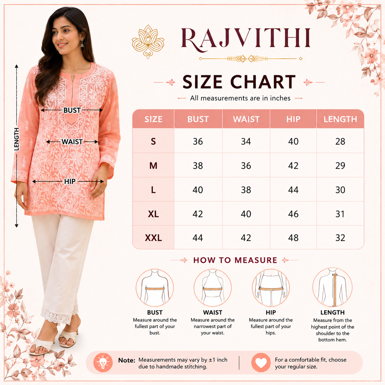 Women's Peach Chikankari Kurti | Premium Embroidered Straight Kurta | Rajvithi