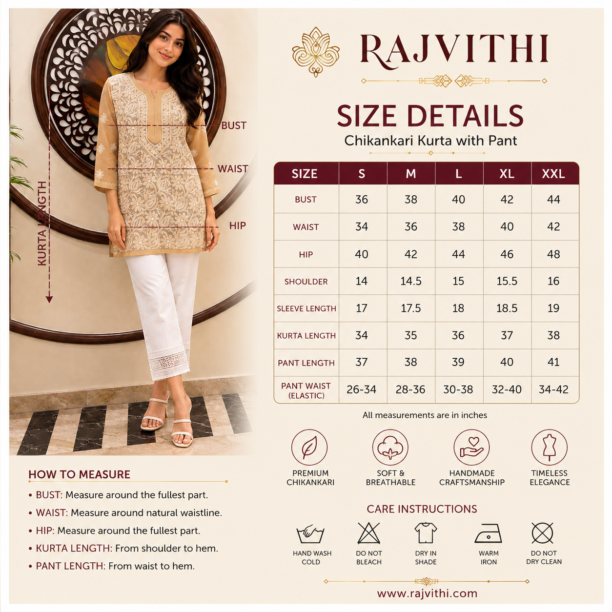 Women's Beige Chikankari Kurti | Premium Embroidered Straight Kurta | Rajvithi