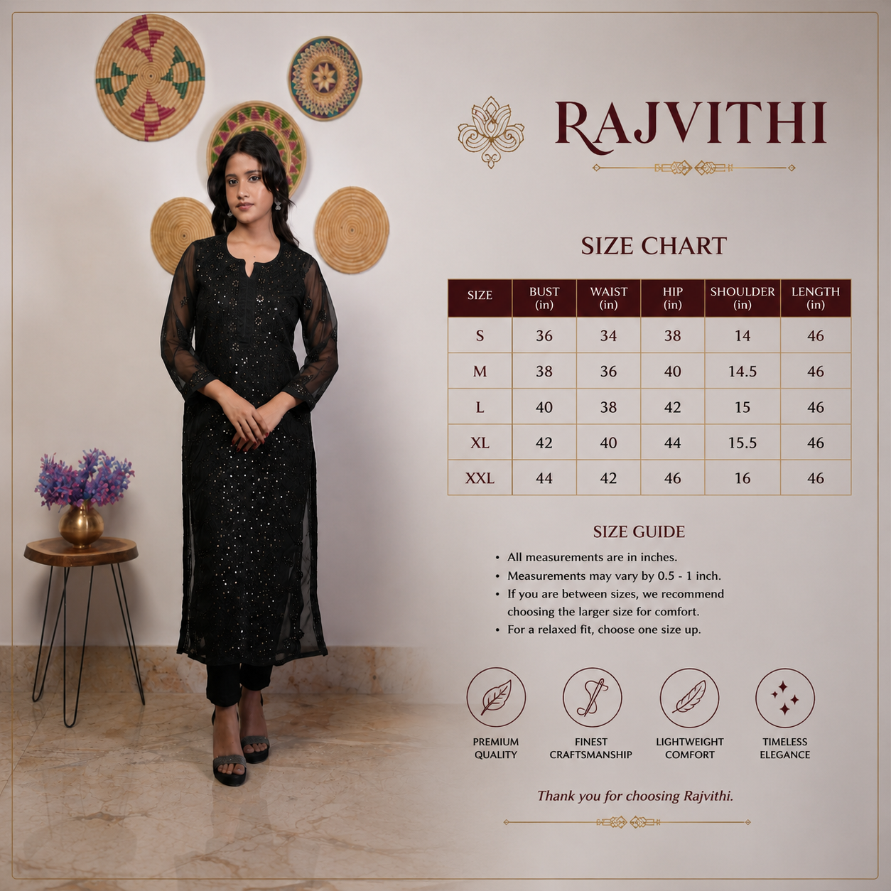 Black Embroidered Kurti with Sheer Sleeves