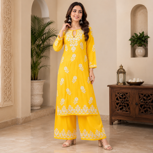 Women's Yellow Rayon Chikankari Kurti with Palazzo Set | Rajvithi