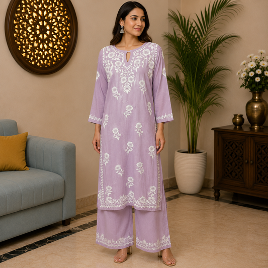 Women's Lavender Rayon Chikankari Kurti with Palazzo Set | Rajvithi