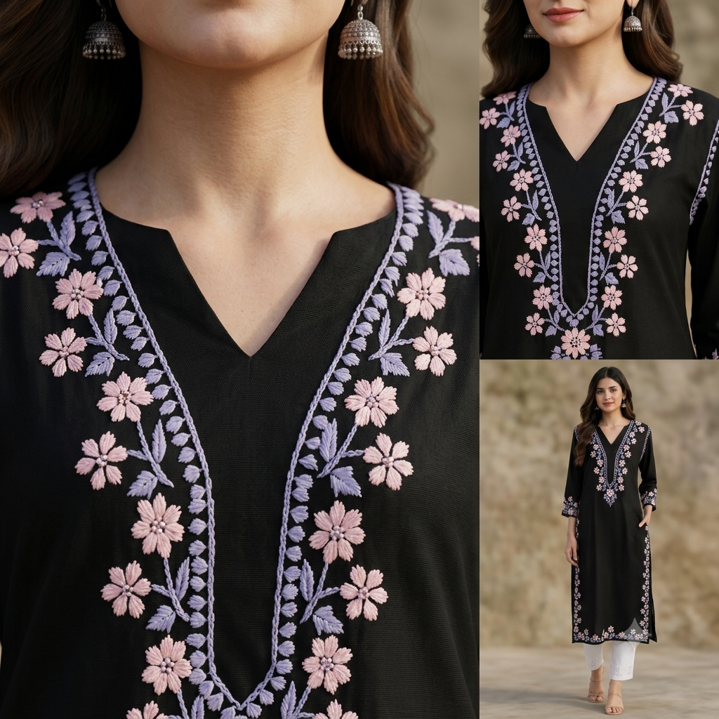 Women's Black Rayon Chikankari Kurti | Rajvithi