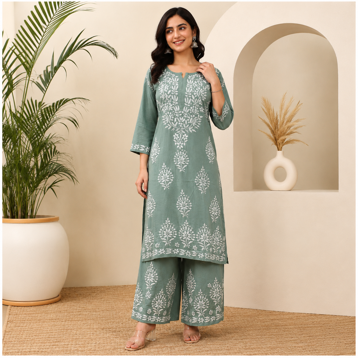 Rajvithi Women's Sage Green Lucknowi Chikankari Kurta Palazzo Set
