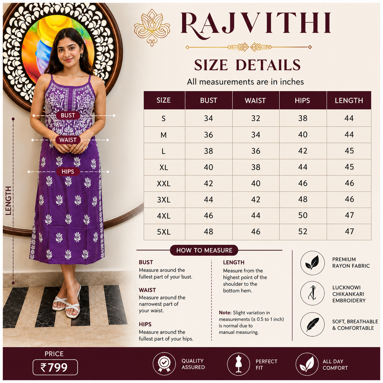 Rajvithi Women's Purple Noodle Strap Rayon Chikankari Kurta
