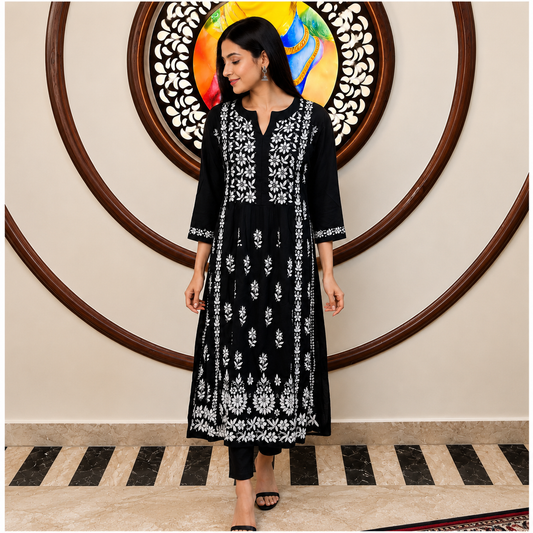 Rajvithi Women's Black Rayon Chikankari Nayra Kurta Set