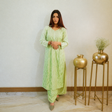 Pistachio Whisper Green Chanderi Chikankari Kurta Pant Set for Women | Rajvithi