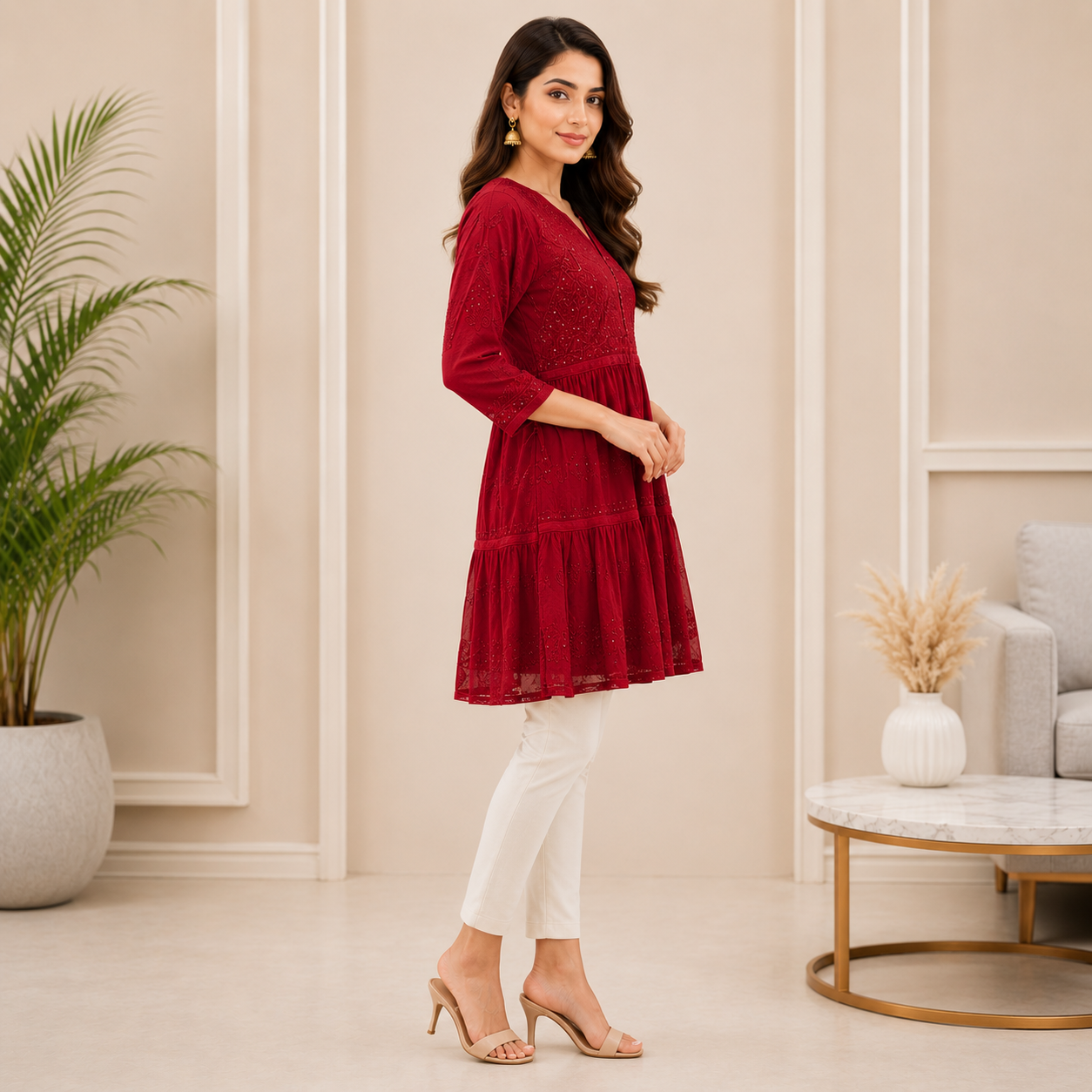 Women's Wine Chikankari Kurti | Premium Embroidered A-Line Kurta | Rajvithi
