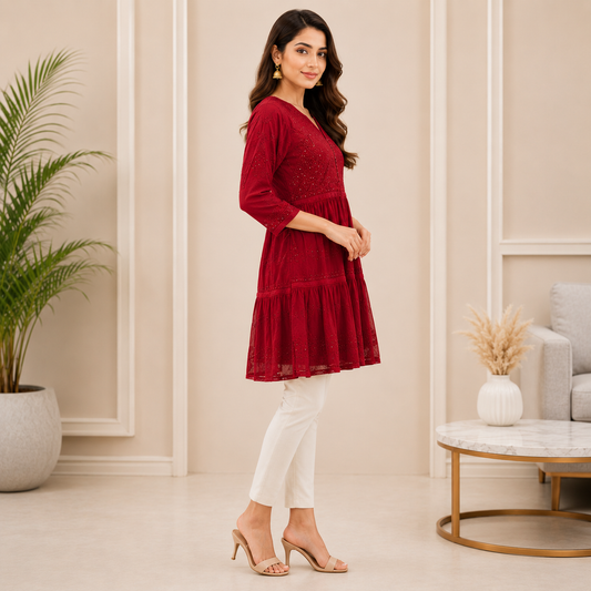Women's Wine Chikankari Kurti | Premium Embroidered A-Line Kurta | Rajvithi