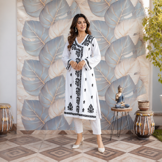 White & Black Printed Anarkali Kurti with Floral Detailing