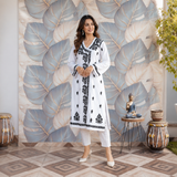 White Black Printed Anarkali Kurti with Floral Detailing for Women | Rajvithi