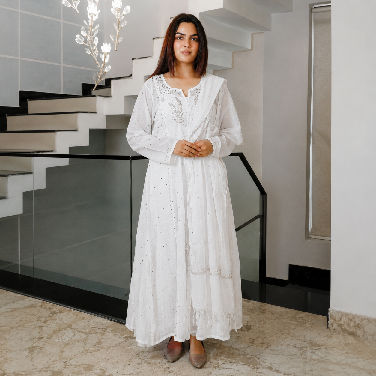 Pearl Mist White Mul Cotton Peta Work Kurta Set for Women | Rajvithi