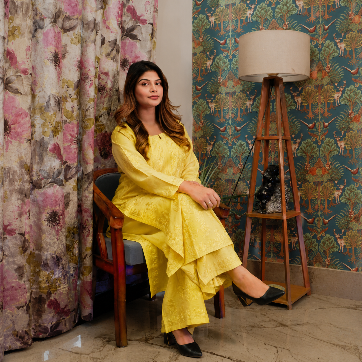 Sunshine Grace Yellow Chanderi Chikankari Kurta Set for Women | Rajvithi
