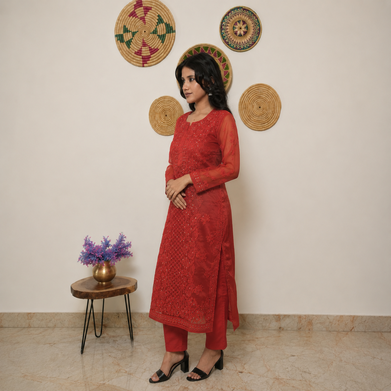 Red Embroidered Kurti with Sheer Sleeves