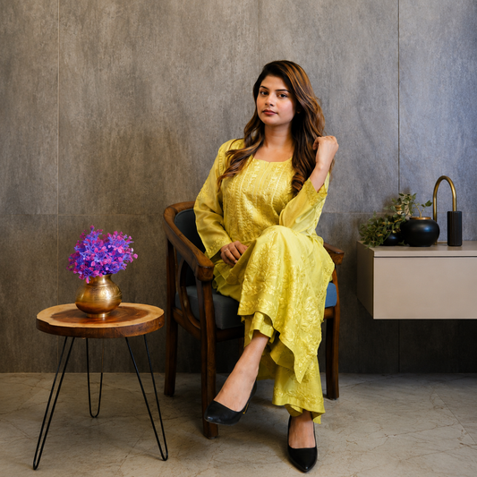 Lemon Glow (Chanderi Kurti &amp; Pant Set)