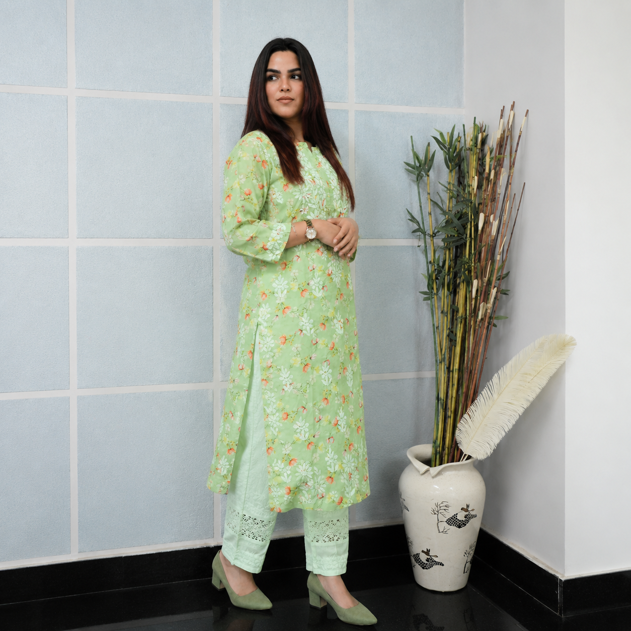 Mint Blossom (Modal Chikan Kurta)