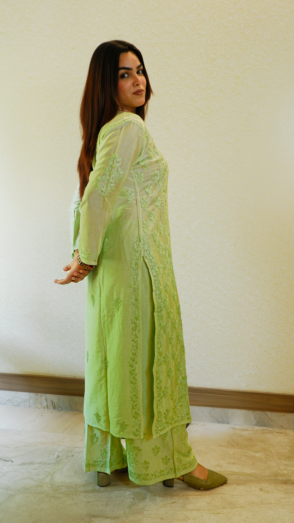 Pistachio Whisper (Chanderi Chikan Kari Kurta &amp; Pant Set)