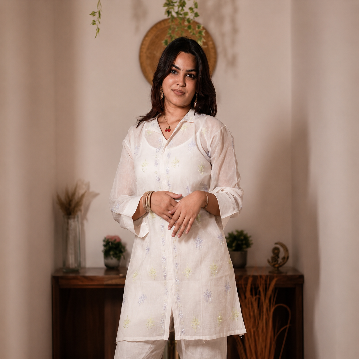 Ivory Straight Chikankari Kurti Set with Minimal Detailing for Women | Rajvithi