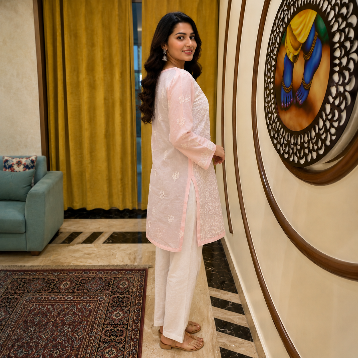 Women's Baby Pink Chikankari Kurti | Premium Embroidered Straight Kurta | Rajvithi