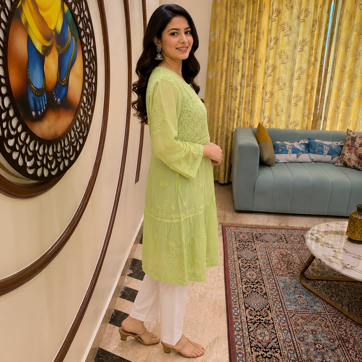 Women's Pista Green Chikankari Kurti | Premium Embroidered A-Line Kurta | Rajvithi