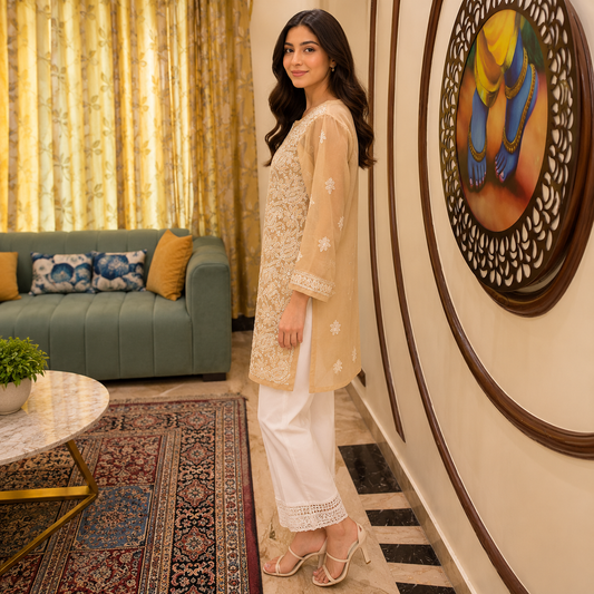 Women's Beige Chikankari Kurti | Premium Embroidered Straight Kurta | Rajvithi