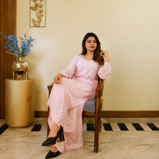 Gulabi Nazaakat (Pure Georgette Chikan Kari Kurta &amp; Bottom Set)