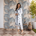 White Black Printed Anarkali Kurti with Floral Detailing for Women | Rajvithi