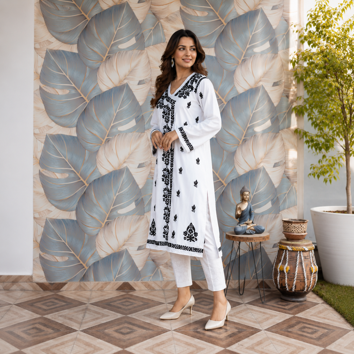 White Black Printed Anarkali Kurti with Floral Detailing for Women | Rajvithi