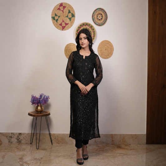 Black Embroidered Kurti with Sheer Sleeves