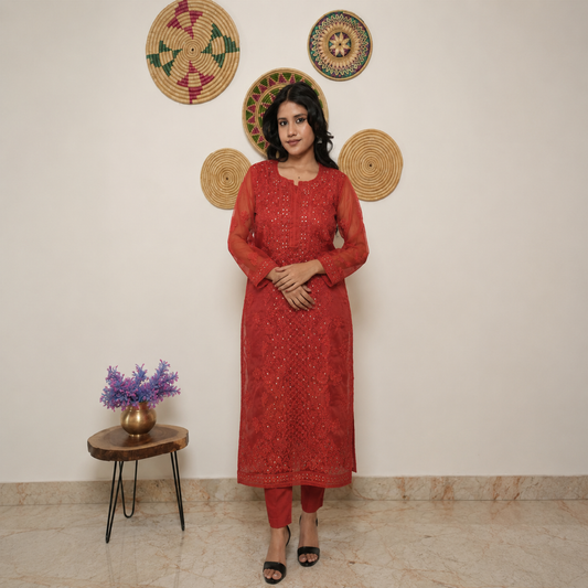 Red Embroidered Kurti with Sheer Sleeves