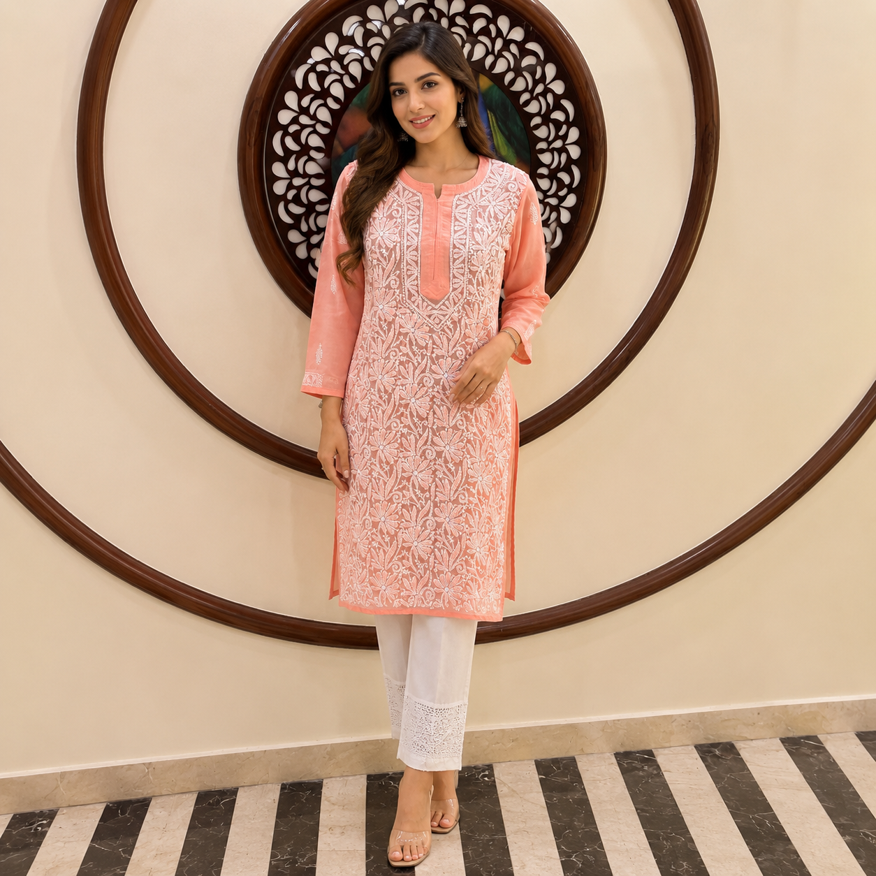 Women's Peach Chikankari Kurti | Premium Embroidered Straight Kurta | Rajvithi