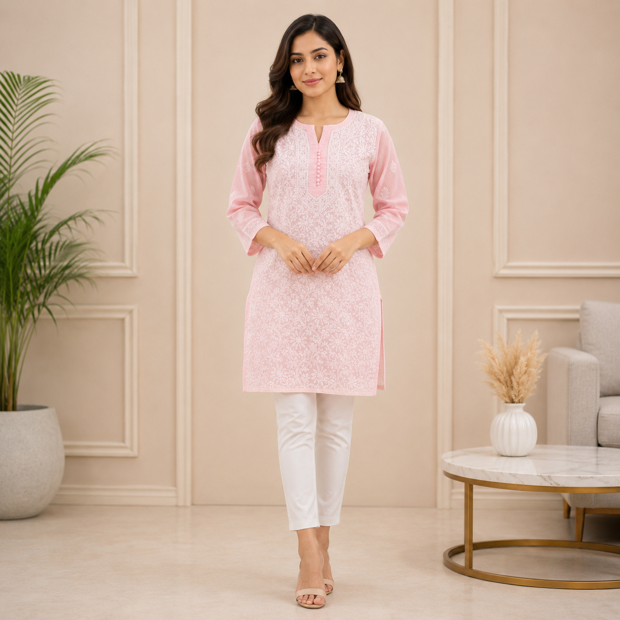 Women's Baby Pink Chikankari Kurti | Premium Embroidered Straight Kurta | Rajvithi