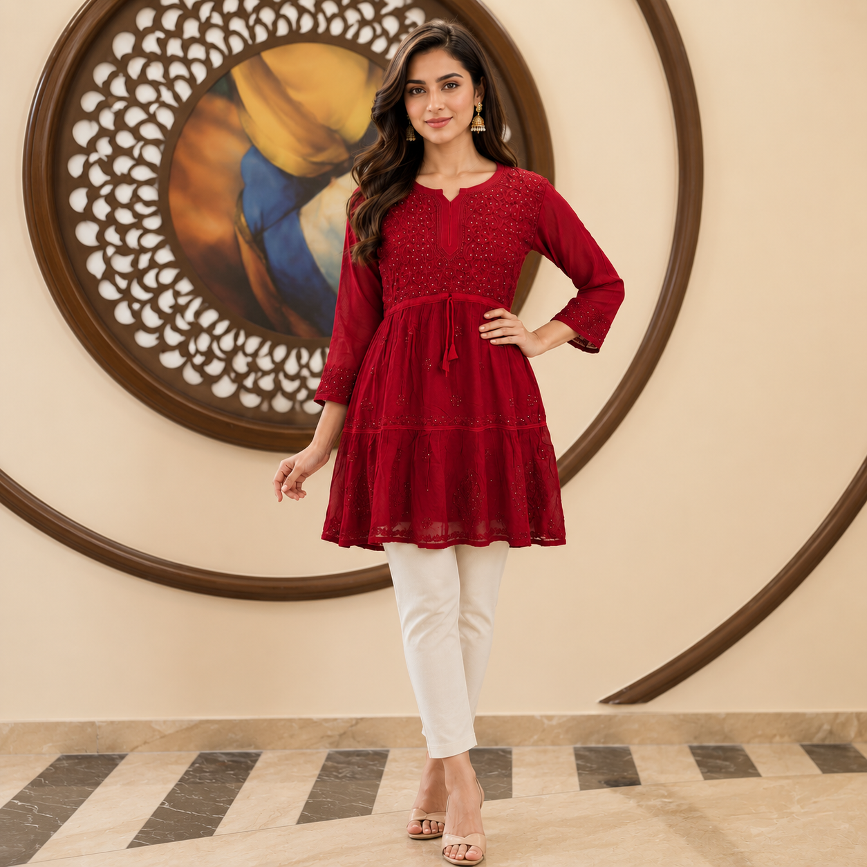 Women's Wine Chikankari Kurti | Premium Embroidered A-Line Kurta | Rajvithi