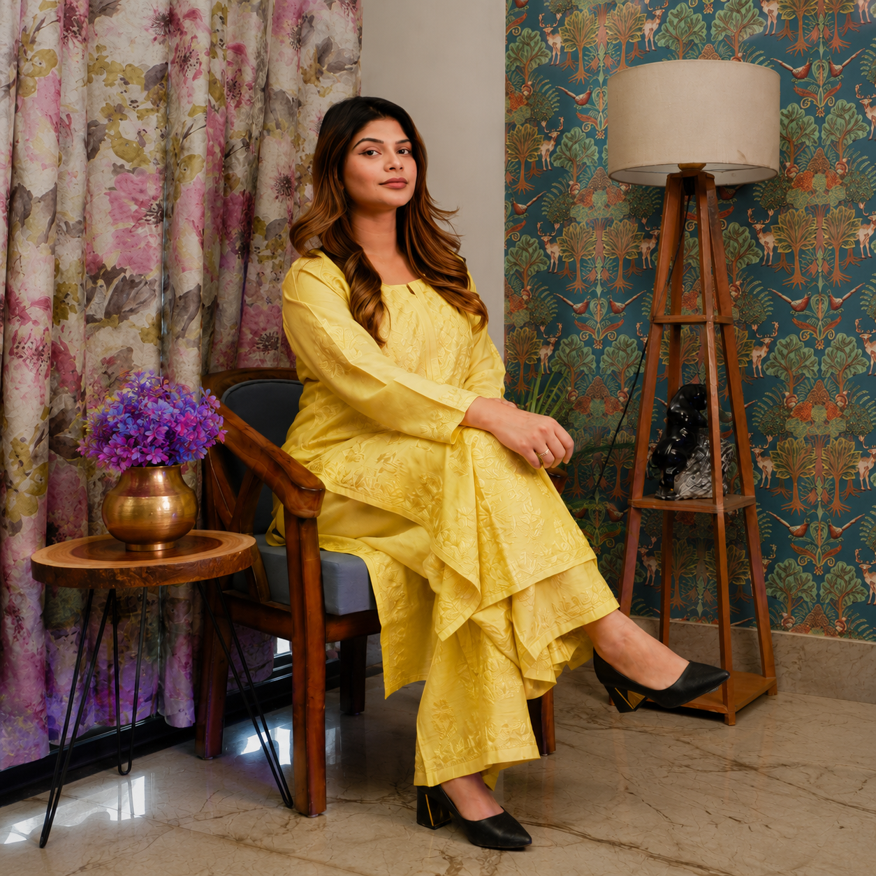 Sunshine Grace Yellow Chanderi Chikankari Kurta Set for Women | Rajvithi