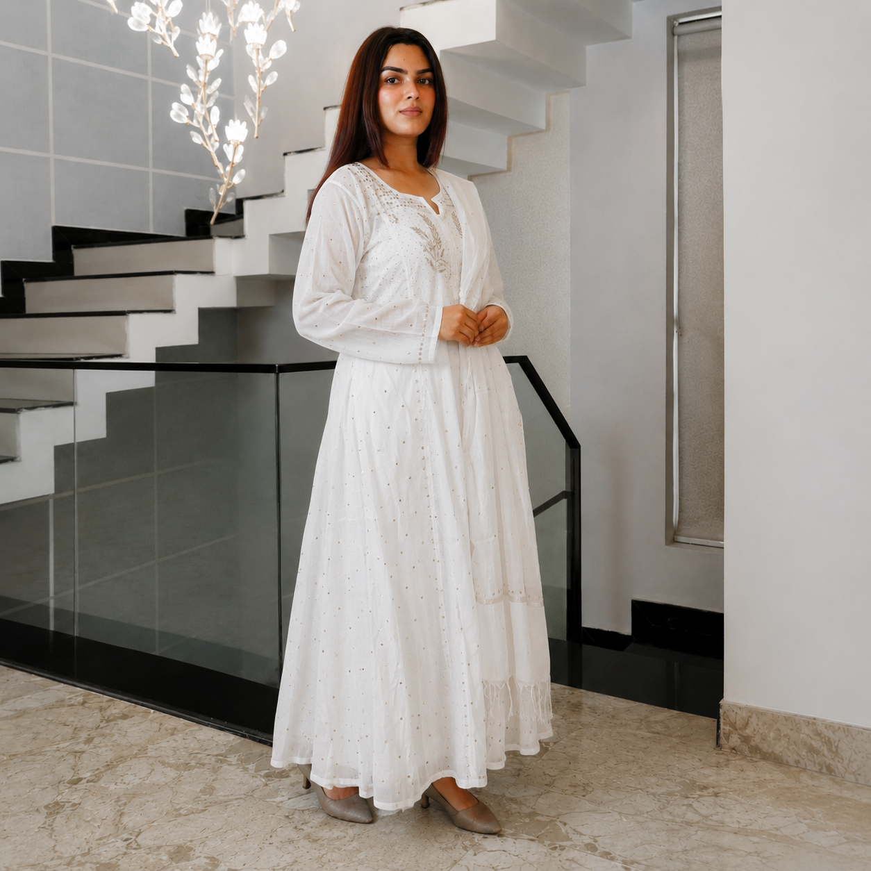 Pearl Mist White Mul Cotton Peta Work Kurta Set for Women | Rajvithi