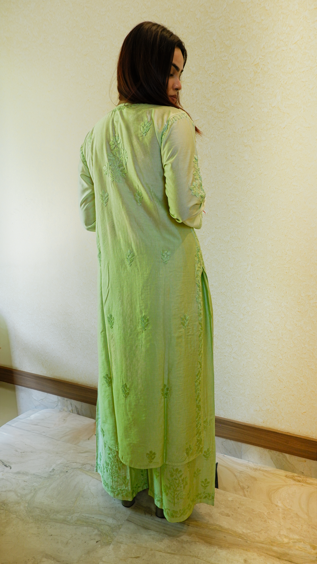 Pistachio Whisper (Chanderi Chikan Kari Kurta &amp; Pant Set)
