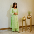 Pistachio Whisper Green Chanderi Chikankari Kurta Pant Set for Women | Rajvithi