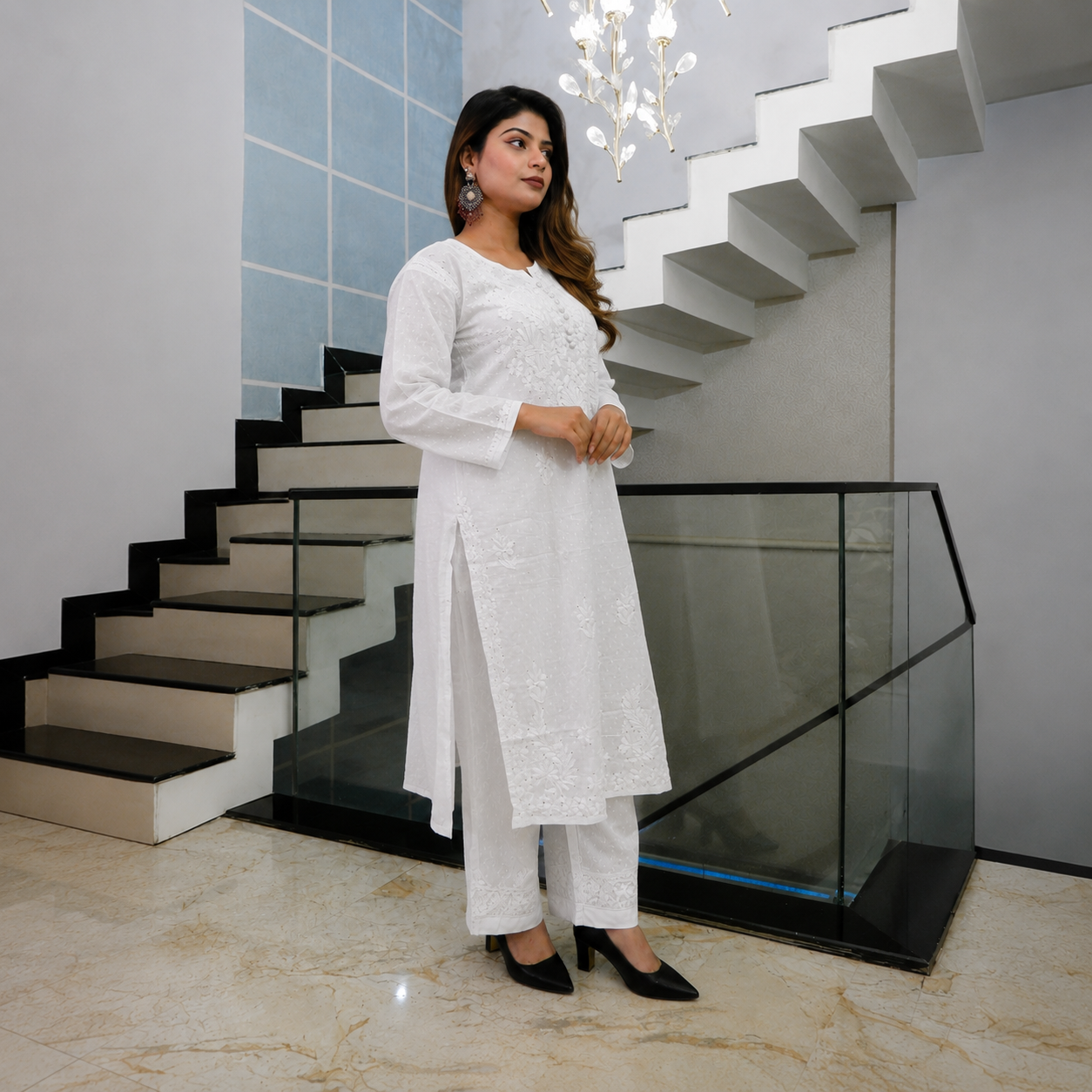 Moonlit Muse White Cotton Chikankari Kurta for Women | Rajvithi