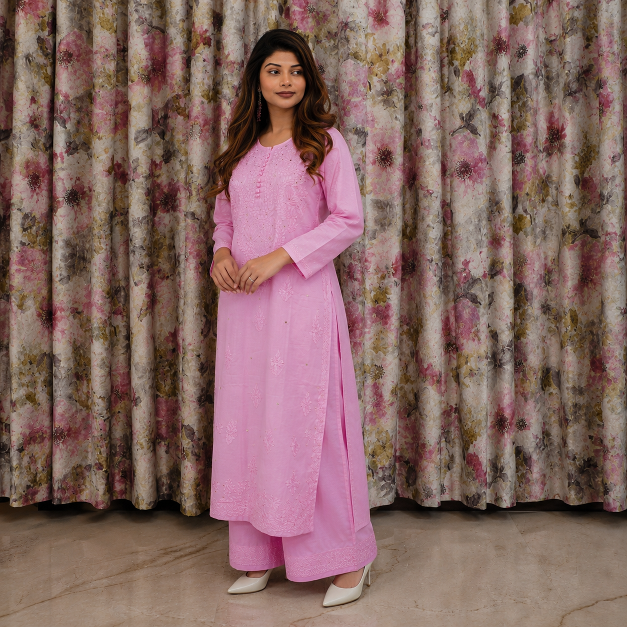Sakura Serenity Pink Cotton Mukesh Work Kurta for Women | Rajvithi