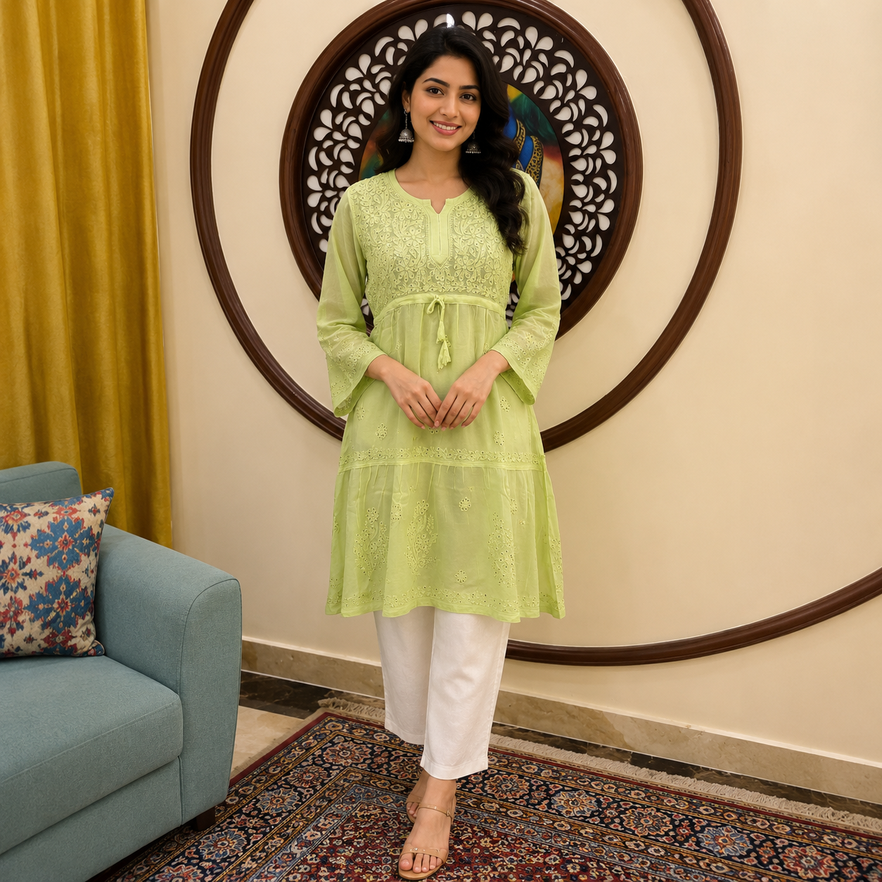 Women's Pista Green Chikankari Kurti | Premium Embroidered A-Line Kurta | Rajvithi