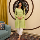 Women's Pista Green Chikankari Kurti | Premium Embroidered A-Line Kurta | Rajvithi