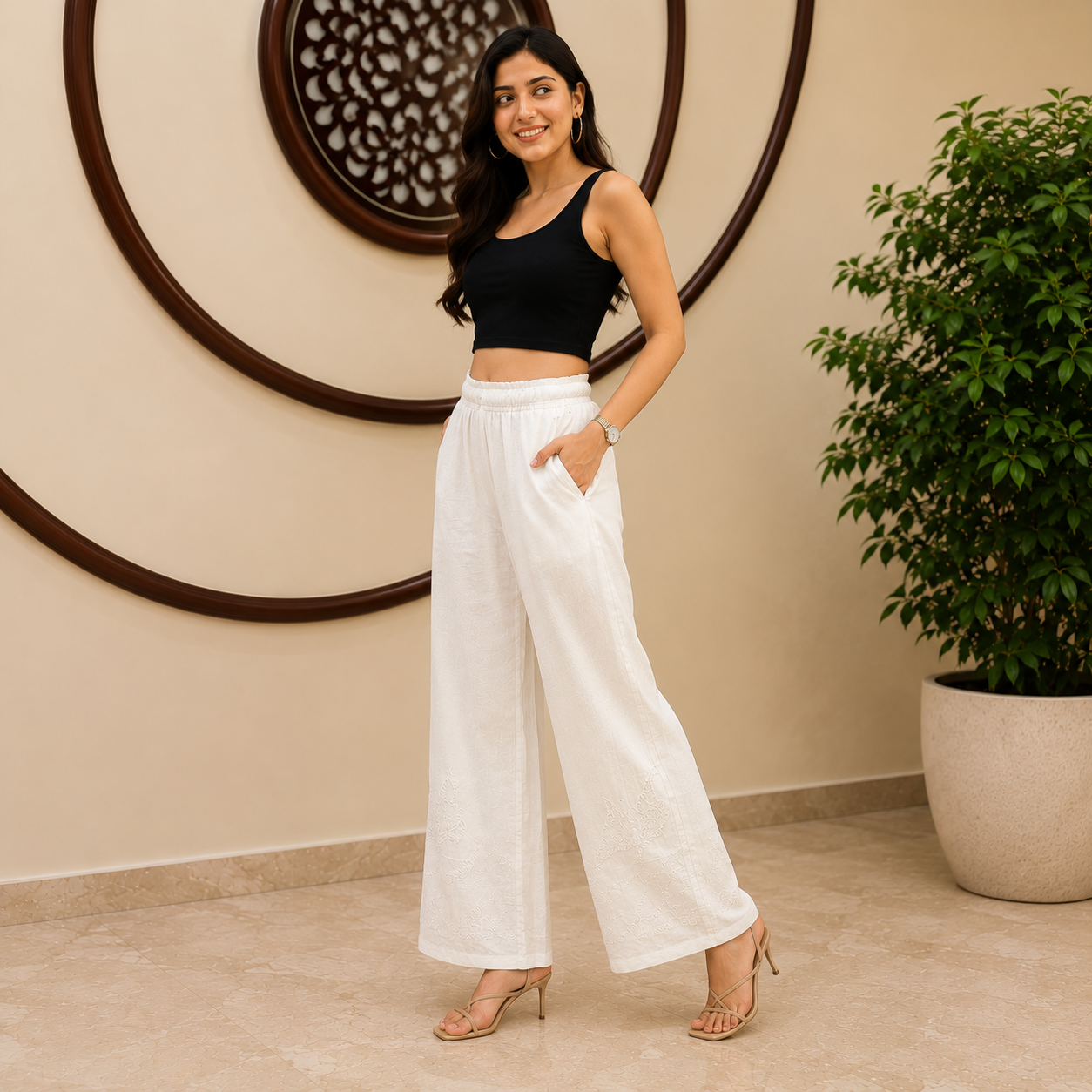 White Chikankari Palazzo for Women | Premium Rayon Ethnic Palazzo | Rajvithi