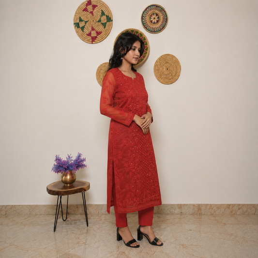 Red Embroidered Kurti with Sheer Sleeves