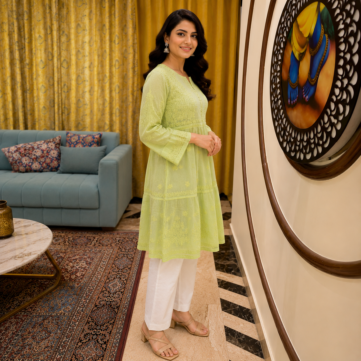 Women's Pista Green Chikankari Kurti | Premium Embroidered A-Line Kurta | Rajvithi