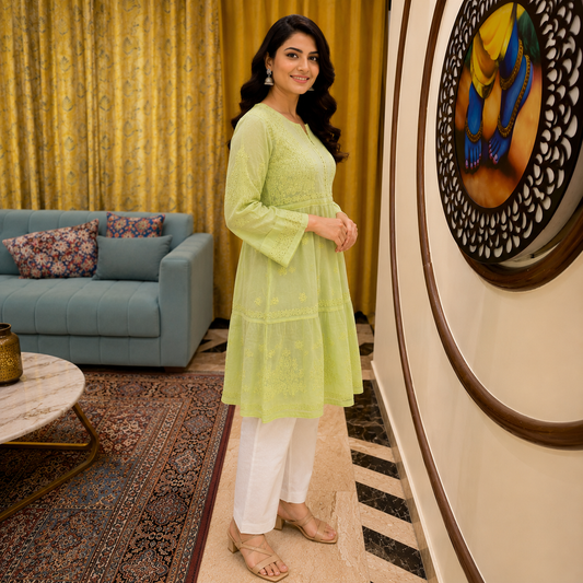Women's Pista Green Chikankari Kurti | Premium Embroidered A-Line Kurta | Rajvithi