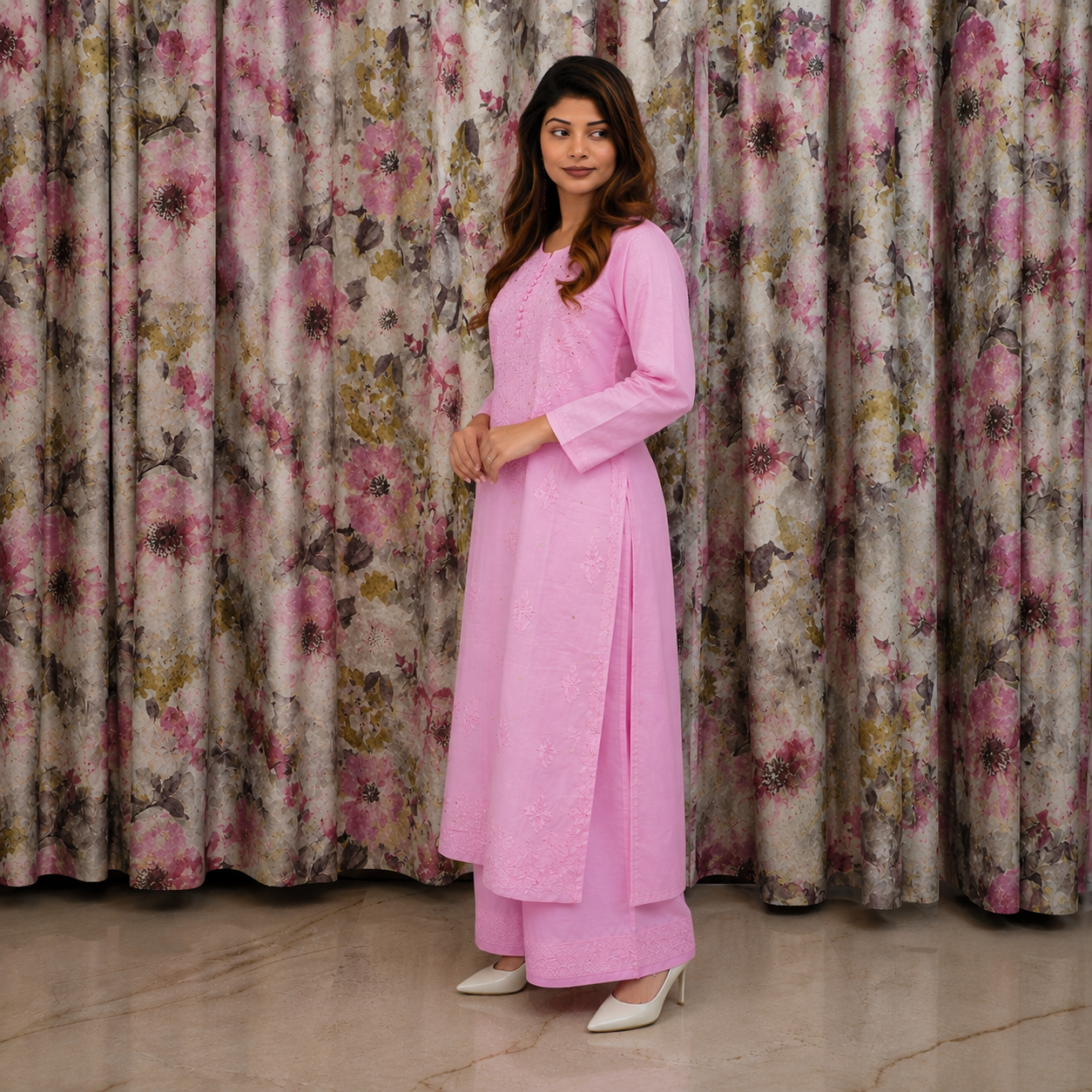 Sakura Serenity Pink Cotton Mukesh Work Kurta for Women | Rajvithi