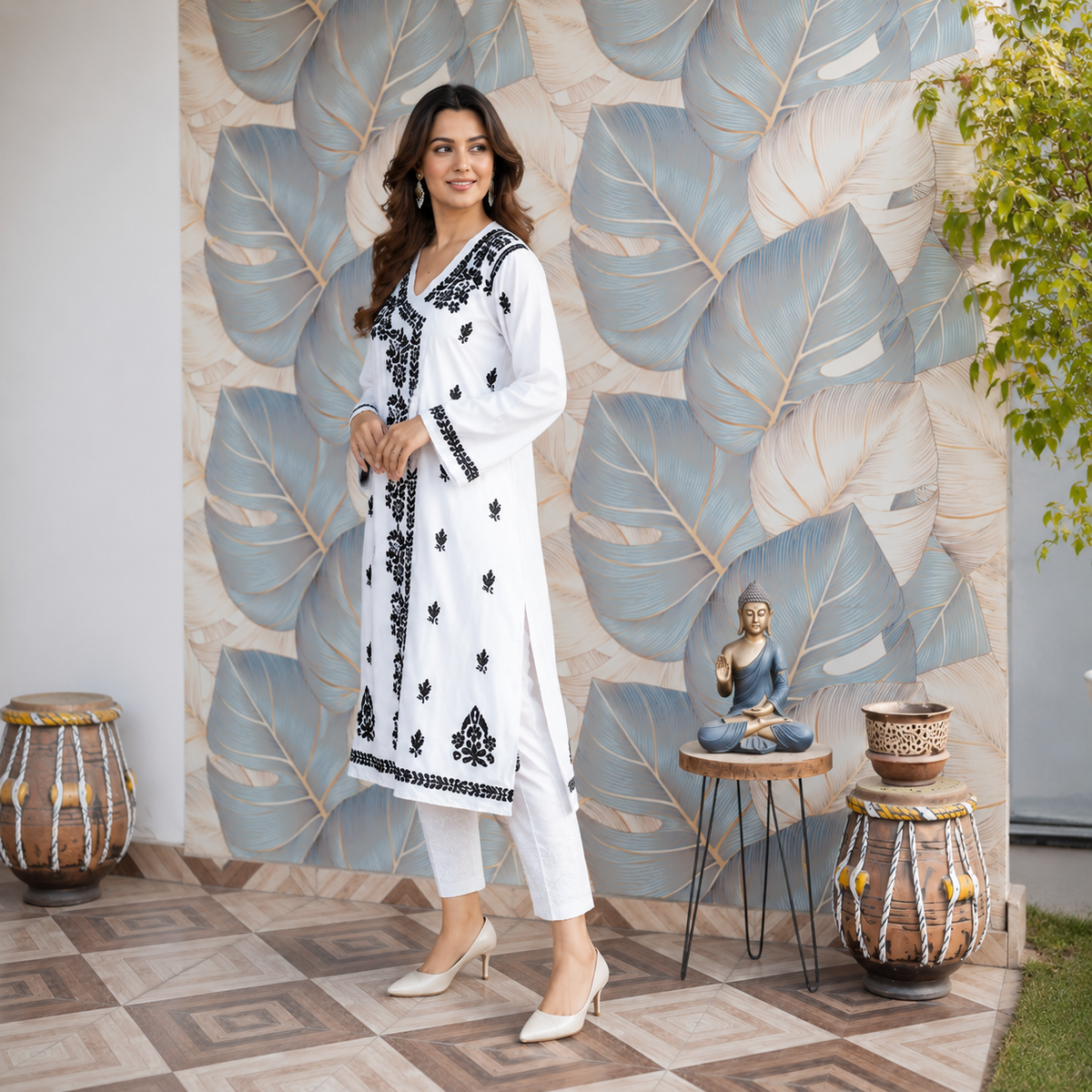 White Black Printed Anarkali Kurti with Floral Detailing for Women | Rajvithi