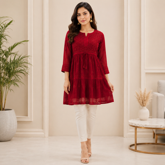 Women's Wine Chikankari Kurti | Premium Embroidered A-Line Kurta | Rajvithi